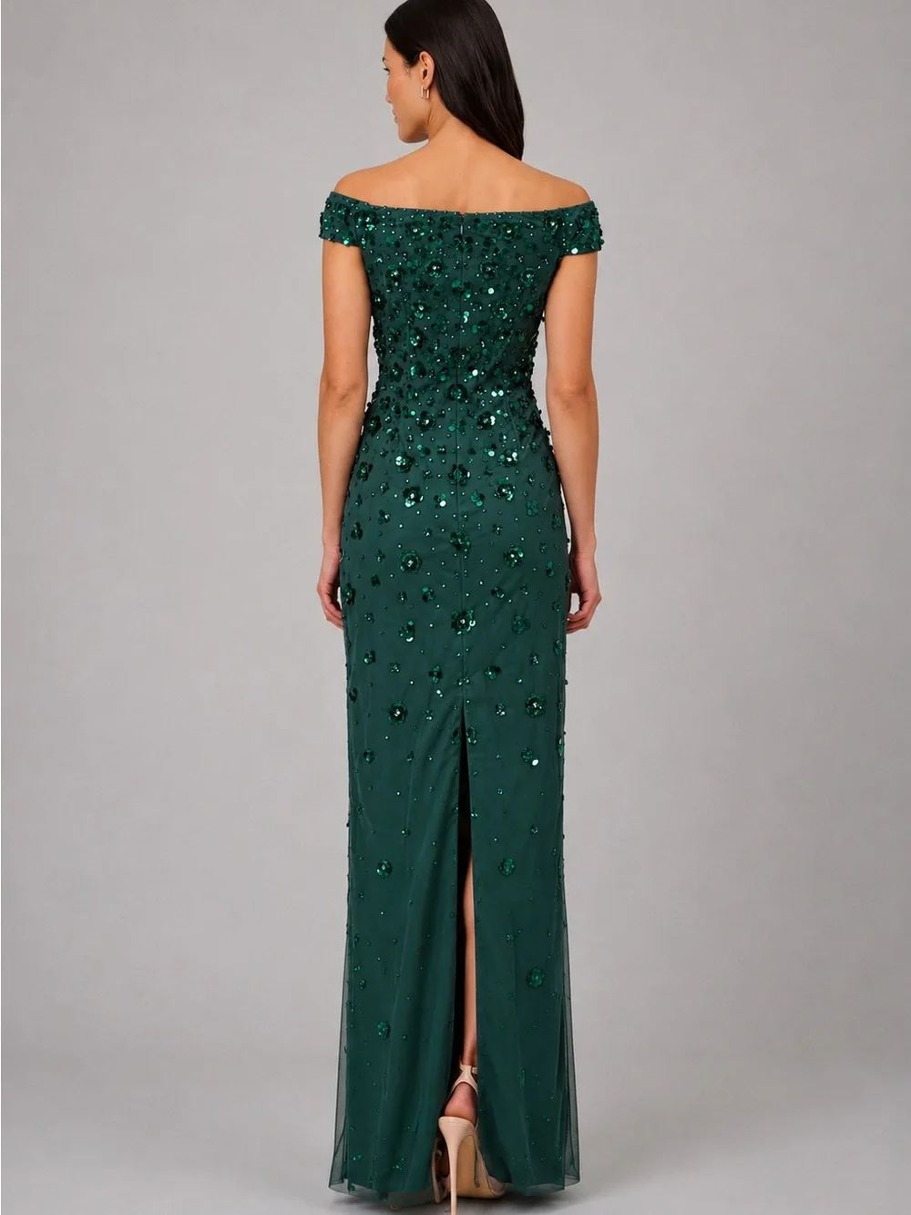 Adrianna Papell SZ 4 NWT Emerald Green Sequin Off Shoulder Formal Gown GALA MOB